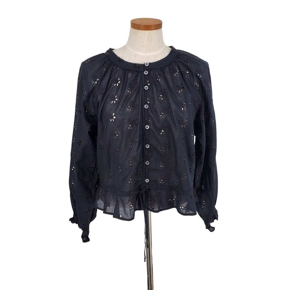 Outerknown Poet Blouse Women Large Black 100% Organic Cotton Eyelet Button Front